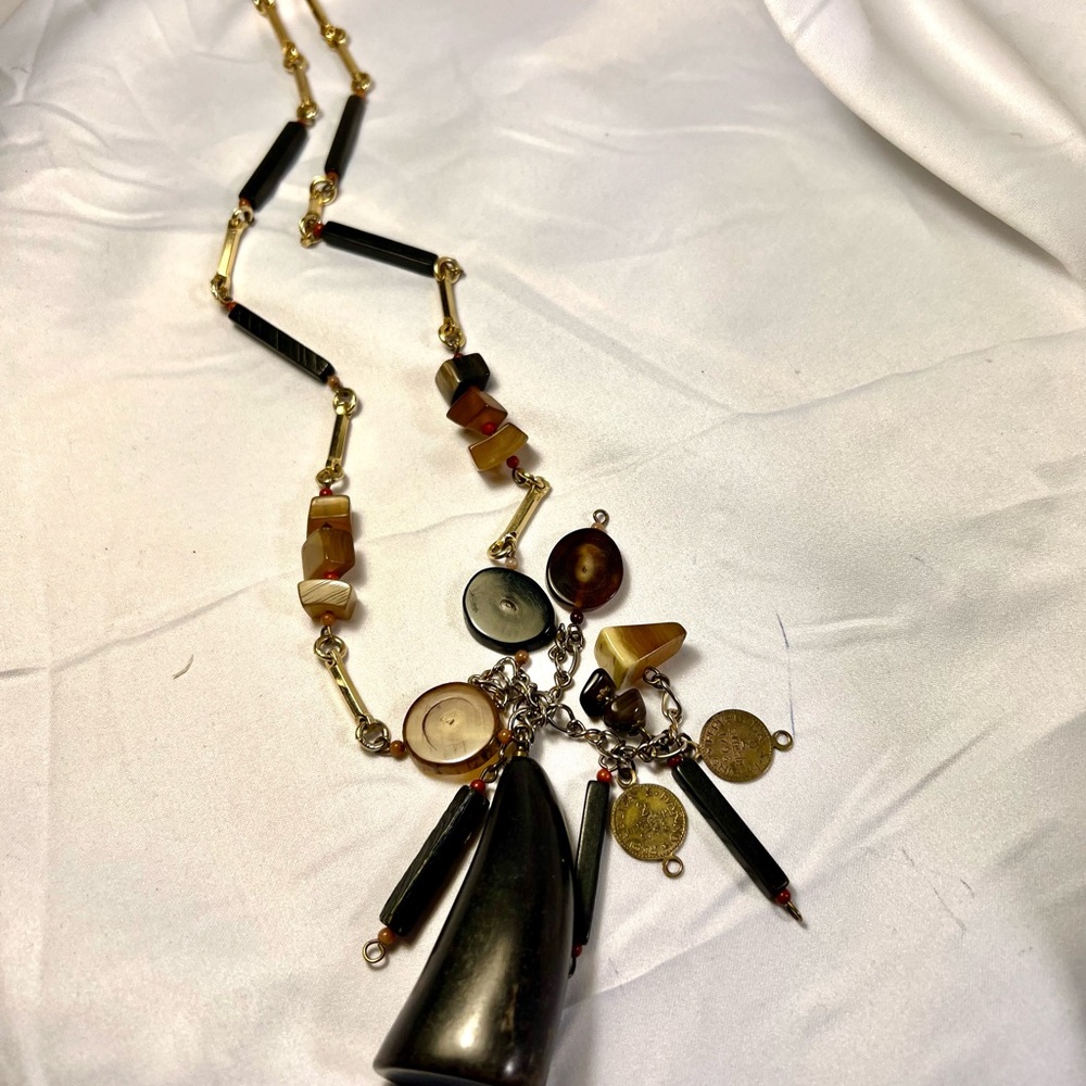 Genuine Polished large buffalo horn/dark wood panels and beads Necklace.